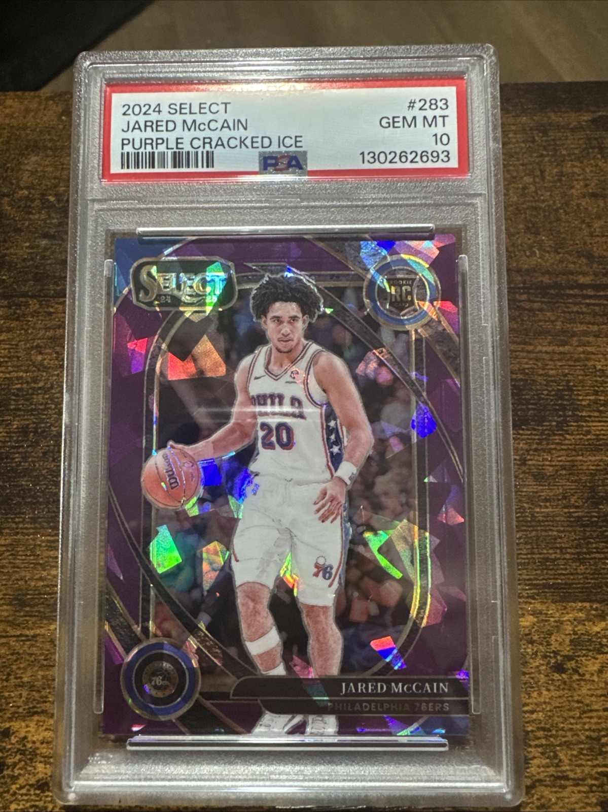 Jared Mccain RC 2024 Panini Select #283 Purple Cracked Ice /99 76ers Gem Mint 10