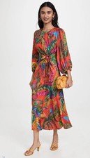 Farm Rio Dress XS Orange Tropical Floral Side Cut-Out Midi Peasant Sleeve Resort