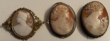 3 Vintage Shell carved cameo pin/brooch lot women relief