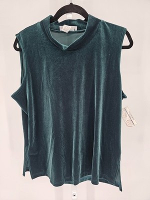 Passports Womens Sz 1X Sleeveless Mock Neck Blouse Velvet Dark Teal Emerald NEW