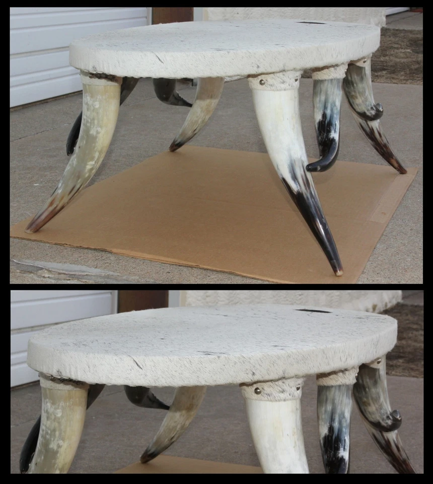 Mesa de centro de vaquero Old Wild West peluda piel de vaca novillo 8 cuernos ovalada blanca y negra Foto 3 de 4
