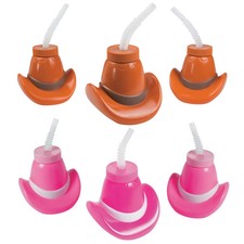 15 oz. Cowboy Cowgirl Hat Reusable Plastic Cups with Lids Straws - 24 Ct.