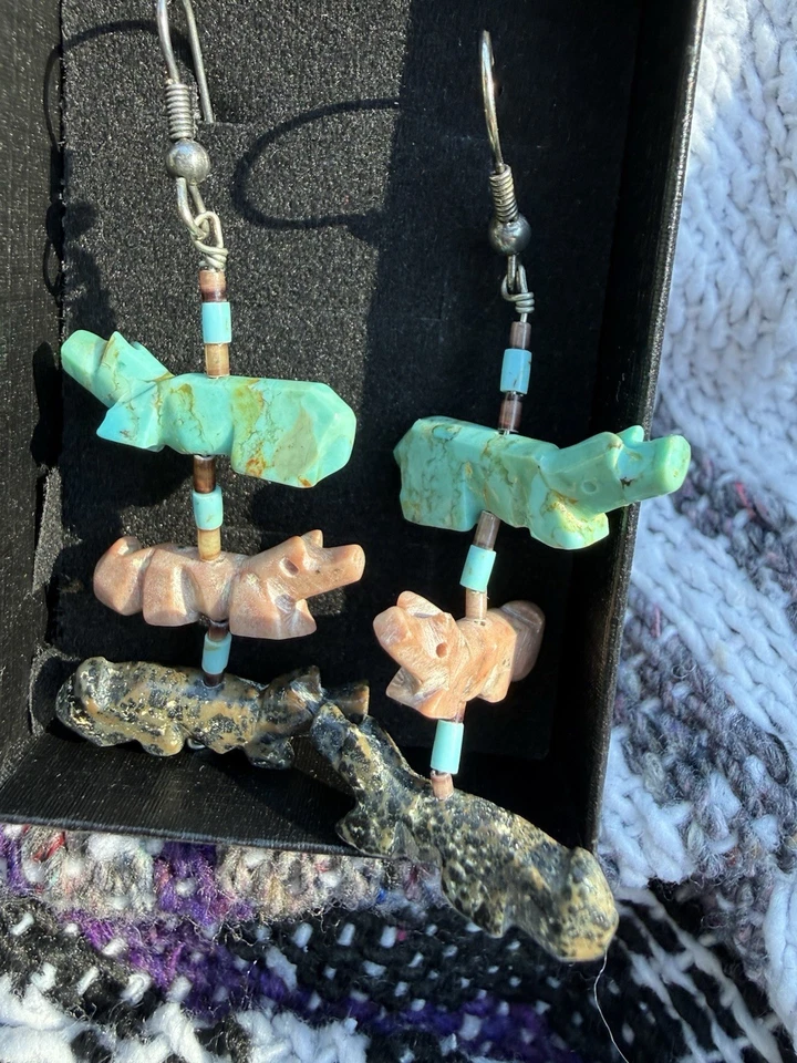 VTG Handcrafted Navajo Fettish Turquoise Sterling Silver Statement Earrings Gift - Image 4 of 4