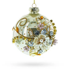 Exquisite Jeweled Flowers Adorning Blown Glass Ball Ornament