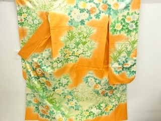 39667# JAPANESE KIMONO / ANTIQUE FURISODE / SILK / EMBROIDERY / FLOWER