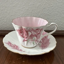 VTG Royal Stafford England Teacup w Matching Saucer Set Pink Floral Bone China