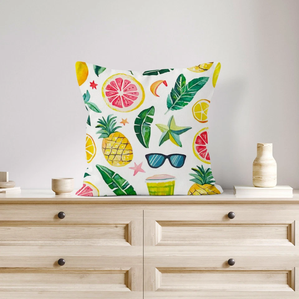 Funda de almohada de frutas de verano con hojas verdes de plantas tropicales funda de cojín sofá decoración del hogar Foto 4 de 4