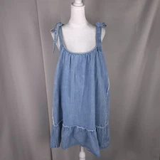 Women Dress Large Blue Denim Jumper Raw Edge Trim Distressed Boho Cottagecore