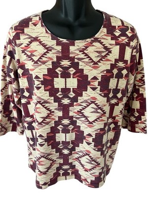 Rebecca Malone Shirt Blouse Top Women's 1X Brown Orange Southwestern 3/4 Sleeve