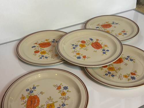 5 x Vintage Excel Linda Summer Garden Orange Flower Dinner Plate Stoneware 10" - Picture 9 of 10