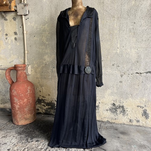 Antique 1920s Black Rayon Knit & Chiffon Dress Lamé Appliqué Long Sleeve Vintage - Picture 1 of 20