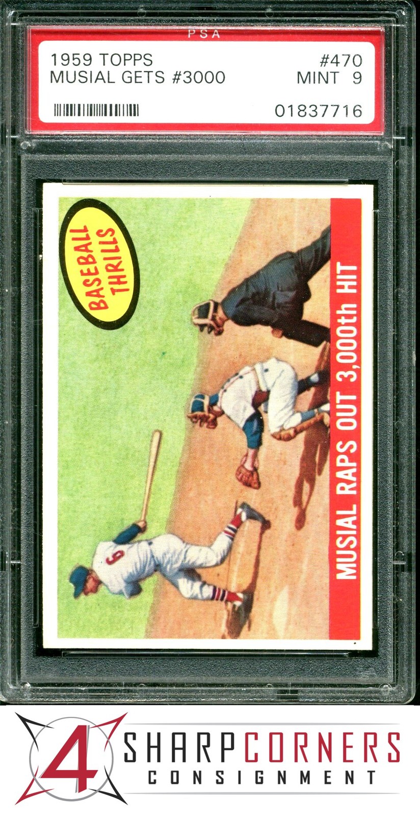 1959 TOPPS #470 STAN MUSIAL RAPS OUT 3000th HIT PSA 9