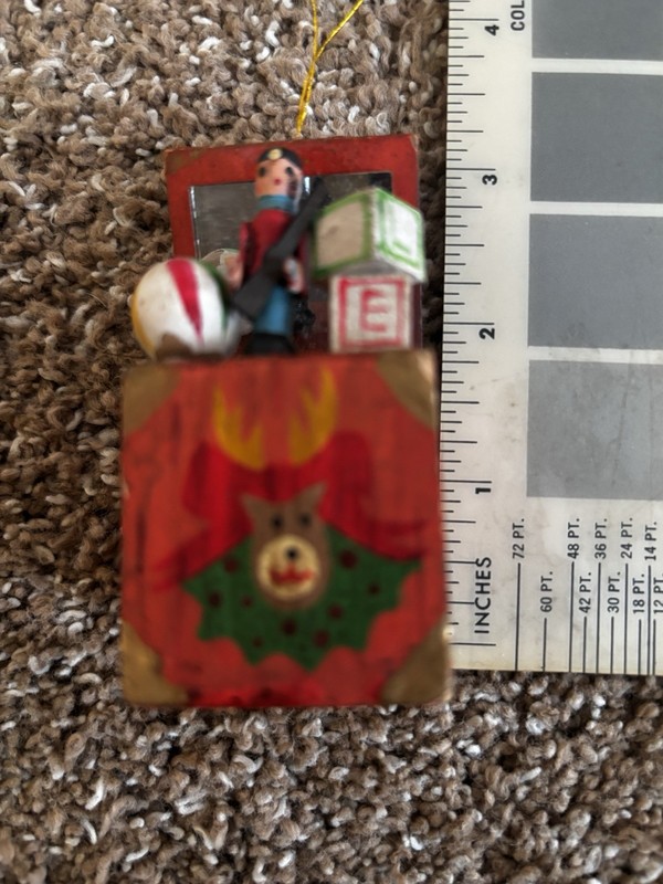 Vintage Christmas Ornament 3” T Russ Toy Soldier W Ball & blocks