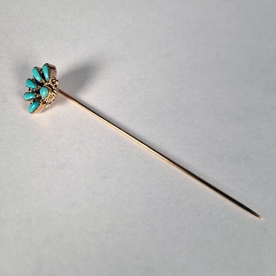 Antique Native American Navajo 14kt Gold and Turquoise Petit Point Stick Pin