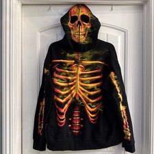 Chaqueta con Capucha Six Flags Flaming Skeleton Cremallera Grande Negra Gráfica Brillante Calavera