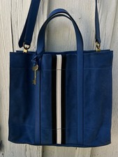 Fossil Carmen Leather Tote Satchel Bag Blue Racing Stripe Key Charm Sporty Retro