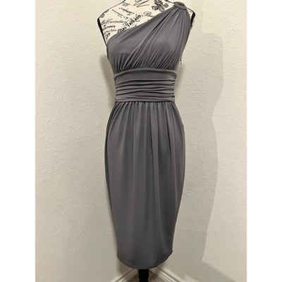 Maggy London One Shoulder Sheath Dress SZ 4 Gray Ruched Midi Prom Event Wedding