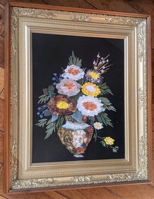 Crystal Gemstone Mosaic Art Floral Flower Bouquet Amethyst 18x21 Framed Vintage