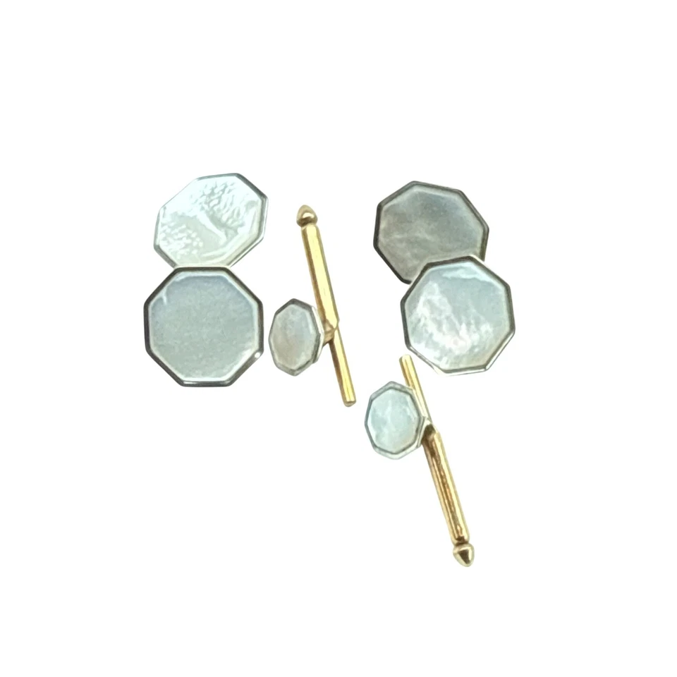 Conjunto de abotoaduras octógono folheadas a ouro Swank madrepérola vintage formal - Imagem 4 de 4