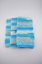set of 3 handmade crochet cotton dish wash cloth 8 x 8 in shades of aqua  blue