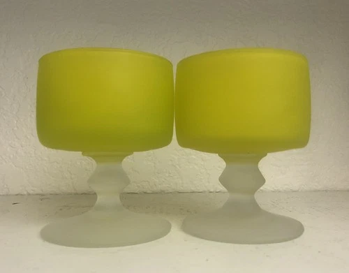 Tiffin Canary Yellow & Frosted Vaseline/Depression Glass Compote Cups Pair of 2