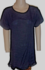 Dress Black Sheath Short  Sleeve Round Neck Lace Fringe Hem Size Small
