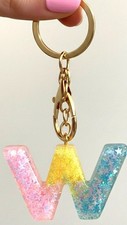 New Starry Pastel Initial Letter W Keychain Pendant Resin Charm Gold Purse Gift