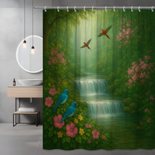 Colorful Nature Shower Curtain with Birds and Flowers
