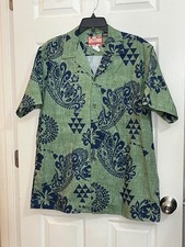 RJC Hawaiian Shirt Mens L Green Blue Aloha Camp Made in Hawaii USA