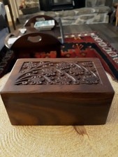 Vtg Hand Carved Tree Of Life Wooden Jewelry Keepsake Box Base Slide Opening