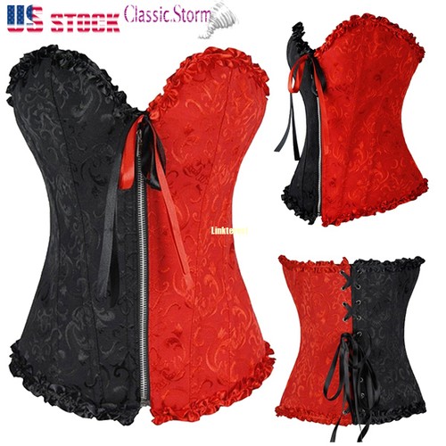 Women Plus Size Boned Brocade Overbust Corset Bustier Top Waist Training Cincher - Picture 8 of 33