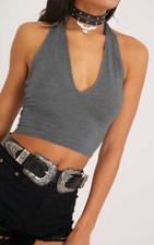 Halterneck crop top fitted sleeveless closed loop neck sexy gym yoga summer LXL
