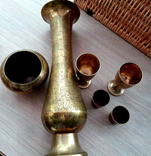 Vintage Brass Engraved Bowl Vase Pot Short Glass&Footed made India Collectible - Picture 9 of 12
