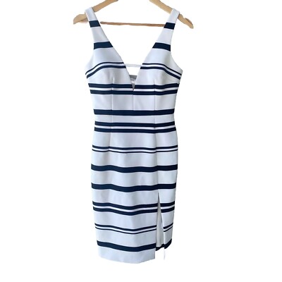 Forever New Size 8 Dress Carrie White Black Striped Pencil Dress Slit RRP $159