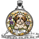 Shih Tzu Mom Gift Necklace 24" Violets Purple Summer Flowers Faux Stained Glass