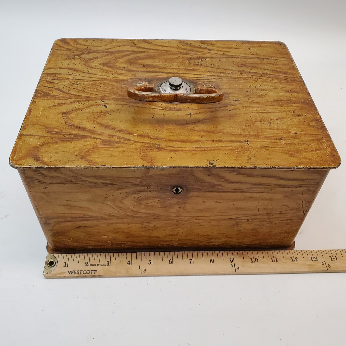 Antique Metal Lock Box Trade Safe Deposit Box Heavy Faux Wood ~32