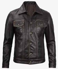 Men Ruboff Distressed Genuine Lambskin Leather Black Trucker Jacket VIntage Coat
