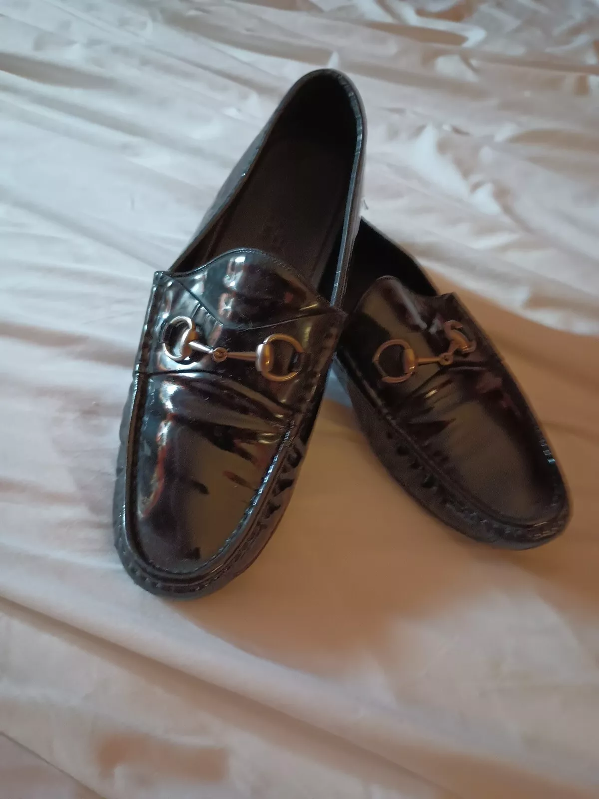 Mocassins à chaussures Gucci noir verni cuir argenté cheval taille 9 1/2 