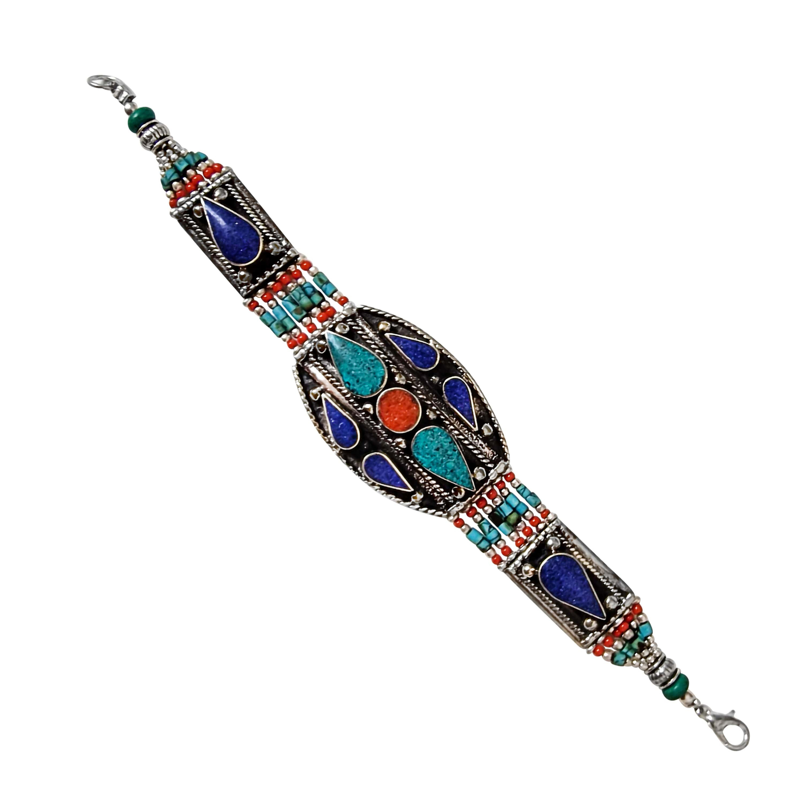 Bracelet ethnique tibétain d'exception en argent ciselé main et onyx noir