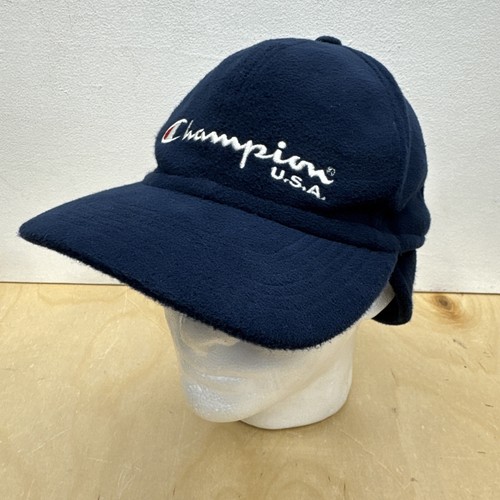 Vintage Champion Hat Blue Fleece Embroidered Spellout Logo Ear Covers USA