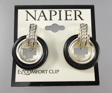 NWT NAPIER Silver Tone Black Leather Door Knocker Style Clip on Earrings 124P