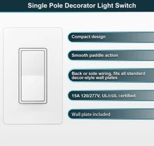 (Pack of 2) BESTTEN Screwless Single Pole Decor Light Switch w/Wallplate Cover