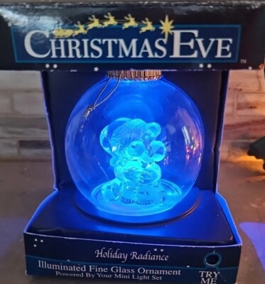 Christmas Eve Holiday Radiance Illuminated Glass Teddy Bear With Candy Cane 
