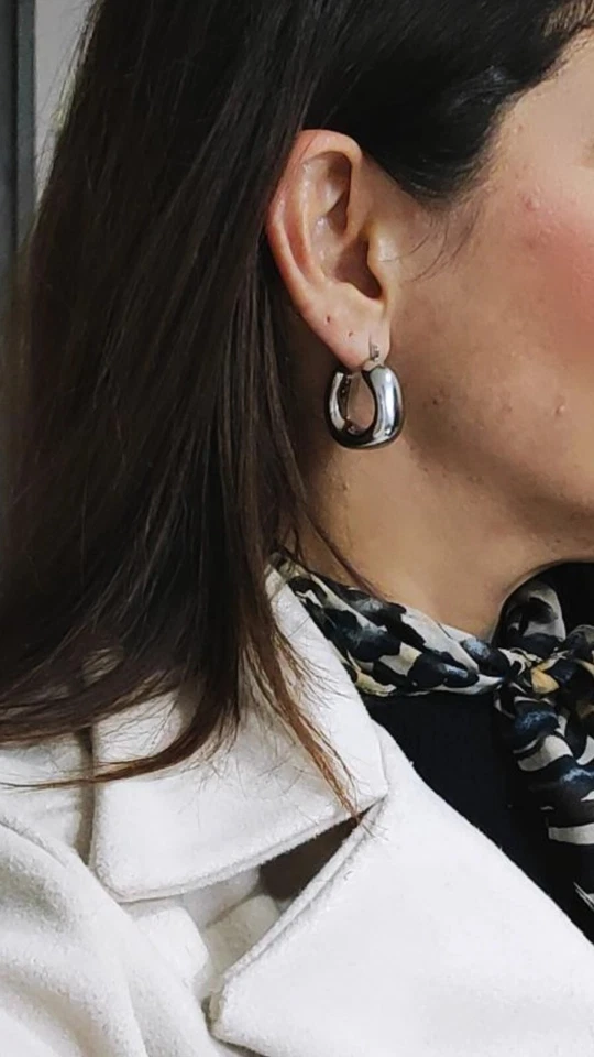 Orecchini donna Cerchio In Acciaio  orecchini cerchio bombato placcato oro bianc - Immagine 4 di 4