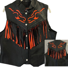 Name Of Quality Women's Large Leather Fringe Orange Flames Lined Riding Vest Hd