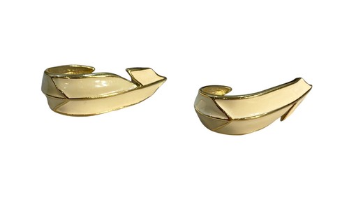 Vintage Trifari Gold Tone Metal Cream Color Enamel Earrings 1.75 Inch 17.39g - Picture 6 of 8