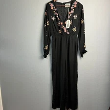 NWT Savanna Jane Floral Embroidered Jumpsuit Balloon Sheer Sleeve Black Romper S