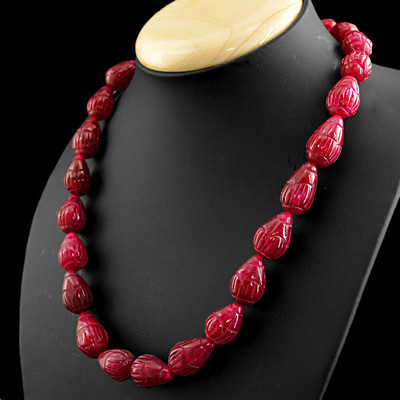540.00 CTS EARTH MINED 20 INCHES LONG RED RUBY PEAR CARVED BEADS NECKLACE (RS)