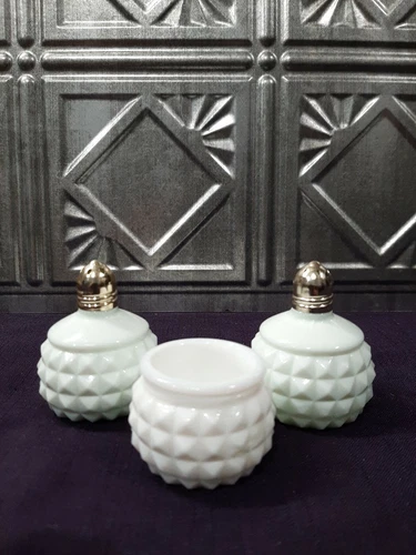 Vintage Milk Glass Diamond Point Small Salt & Pepper Shakers, & Open Cellar / Di