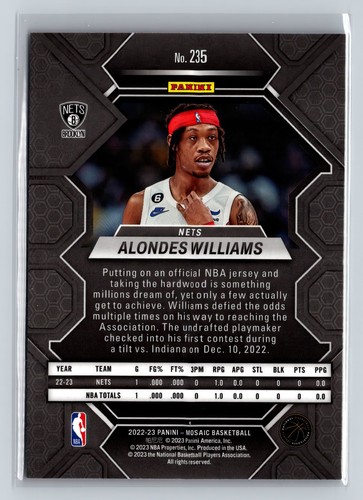 2022-23 Panini Mosaic Alondes Williams Base Rookie RC #235 Brooklyn Nets NM/M - Picture 2 of 2